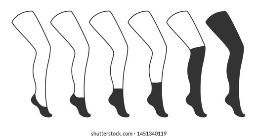 Types of socks collection. Invisible, extra low cut, low cut, quarter, mild calf, knee high, over knee and   thig high socks.