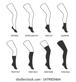 Types of socks collection. Invisible, extra low cut, low cut, quarter, mild calf, knee high, over knee and   thig high socks.