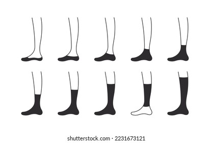 Types of socks icons. Black socks mockups. Set with various forms of socks. Garment icons. Vector illustration