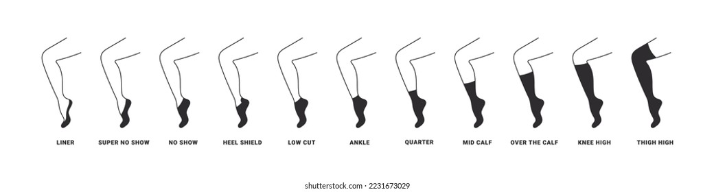 Types of socks icons set. Set with various forms of socks. Garment icons. Vector illustration
