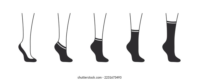 Types of socks. Set with various forms of socks. Garment icons. Vector illustration