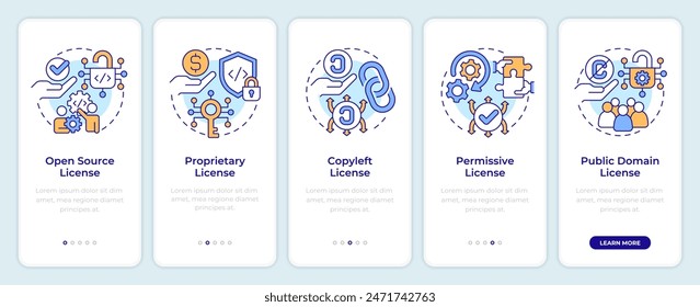 Types of software licenses onboarding mobile app screen. Walkthrough 5 steps editable graphic instructions with linear concepts. UI, UX, GUI template