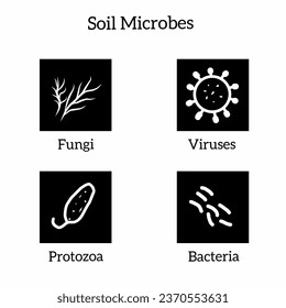 Types of soil microbes in icon style. Soil microbes include fungi, viruses, protozoa, and bacteria