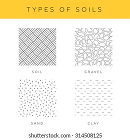 Types of soils, vector set. Collection of sand, gravel and clay seamless textures for architectural drawings