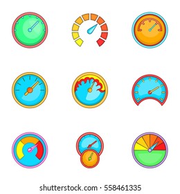 Types of speedometers icons set. Cartoon illustration of 9 types of speedometers vector icons for web