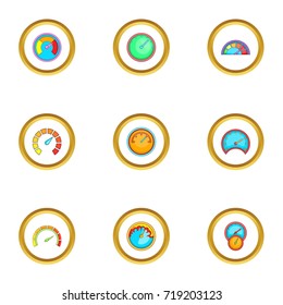 Types of speedometers icons set. Cartoon style set of 9 types of speedometers vector icons for web design
