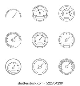 Types of speedometers icons set. Outline illustration of 9 types of speedometers vector icons for web
