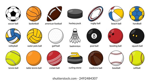 Types of sports balls such as soccer, basketball, volleyball, football, rugby and so on. Vector set of sports balls showcases the diversity of sports, perfect for athletic designs. Sport equipment. 