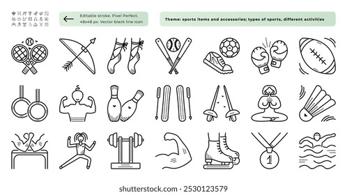 Sportarten, Sportartikel, schwarze Linie Icon-Set, 48x48 px und 480x480 px Zeichen. 21 Vektorpiktogramme, editierbarer Strich