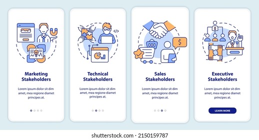 Arten von Interessenträgern auf dem mobilen App-Bildschirm. Partnerdurchgang in 4 Schritten - Seiten mit grafischen Instruktionen mit linearen Konzepten. UI, UX, GUI-Vorlage. Myriad Pro-kühne, Standardschriftarten verwendet