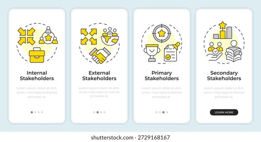 Types of stakeholders onboarding mobile app screen. Business growth. Walkthrough 4 steps editable graphic instructions with linear concepts. UI, UX, GUI