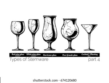 Types of Stemware. Wine glass, hurricane, poco grande and cocktail glasses. illustration of stemwares in vintage engraved style. isolated on white background.