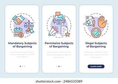 Types of subjects of bargaining onboarding mobile app screen. Walkthrough 3 steps editable graphic instructions with linear concepts. UI, UX, GUI template