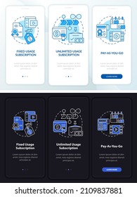 Types of subscription night, day mode onboarding mobile app screen. Walkthrough 3 steps graphic instructions pages with linear concepts. UI, UX, GUI template. Myriad Pro-Bold, Regular fonts used