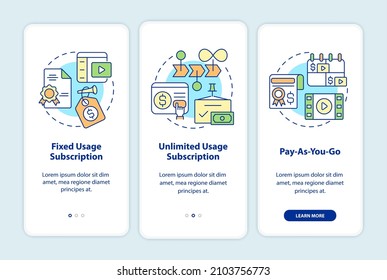 Types of subscription onboarding mobile app screen. Pay for content walkthrough 3 steps graphic instructions pages with linear concepts. UI, UX, GUI template. Myriad Pro-Bold, Regular fonts used