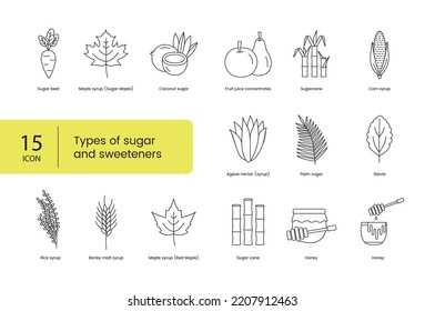 Los tipos de azúcar y edulcorantes establecen iconos de línea en un vector incluyen remolacha de arce y azúcar, concentrados de coco y zumo de fruta, caña de azúcar y maíz, néctar de agave y palma, estevia y arroz, malta de cebada.