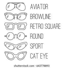 Types of sunglasses for fashion illustration. Vector illustration isolated on white background. Collection of different types of sunglasses in line art style