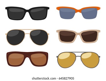 Types of sunglasses. Vector color flat illustration on white background.