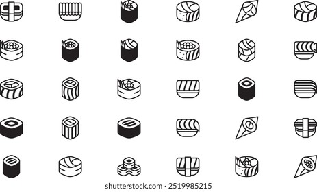 Arten von Sushi-Symbole Hochwertige Vektorsymbol-Kollektion mit bearbeitbarem Strich. Ideal für professionelle und kreative Projekte.