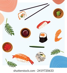 Types of sushi, symbols representing sushi, vector illustration.