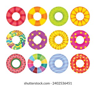 Types of Swimming Float Ring Set Collection, Colorful Rubber Ring Top View inflatable swimming rings designs, pool rubber circle doughnut, Swim lifesaver beach. vector illustration.