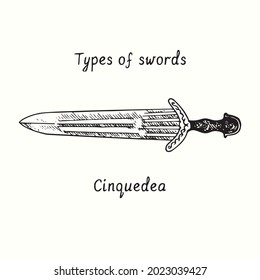 Tipos de espadas. Cinquedea. Dibujo de doodle en blanco y negro con tinta de madera.