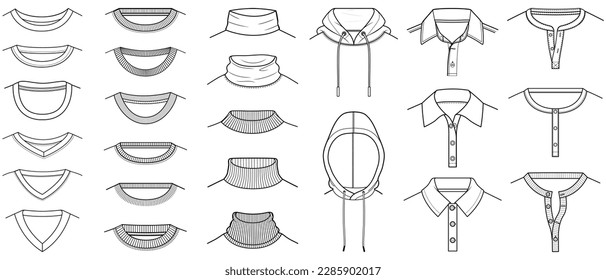 types of t shirt necklines flat sketch vector illustration technical cad drawing template