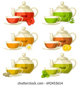 Types of tea. Set of glass cups and kettles with different tastes and ingredients.