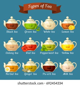 Types of tea. Set of glass kettles with different tastes and ingredients.