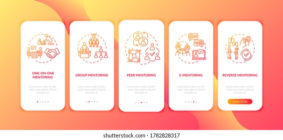 Types Of Teaching Onboarding Mobile App Page Screen With Concepts. Group And Peer To Peer Coaching Walkthrough 5 Steps Graphic Instructions. UI Vector Template With RGB Color Illustrations