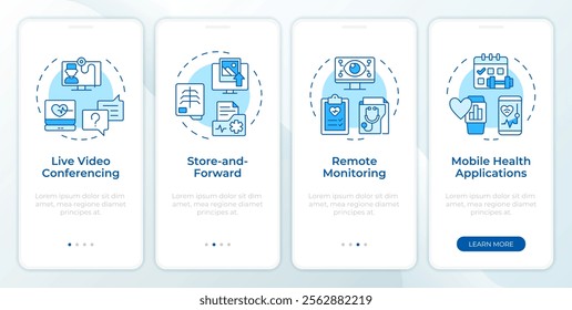 Types of telehealth services blue onboarding mobile app screen. Walkthrough 4 steps editable graphic instructions with linear concepts. UI, UX, GUI template