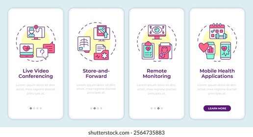 Types of telehealth services onboarding mobile app screen. Walkthrough 4 steps editable graphic instructions with linear concepts. UI, UX, GUI template