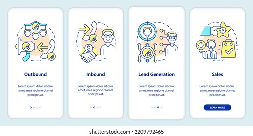 Types of telemarketing activities onboarding mobile app screen. Walkthrough 4 steps editable graphic instructions with linear concepts. UI, UX, GUI template. Myriad Pro-Bold, Regular fonts used