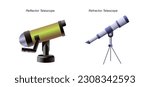 Types of telescope for astronomy vector illustration. Reflector vs refractor telescope.