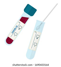 Types Of Tests For Coronavirus.  Vector Illustration Test Tube With Blood And Cotton Swab With Saliva.  Laboratory Research Covid-19