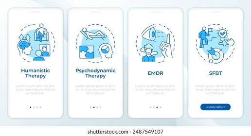 Tipos de modalidades terapéuticas pantalla azul de App móvil de onboarding. Tutorial 4 pasos: instrucciones gráficas editables con conceptos lineales. UI, UX, Plantilla GUI