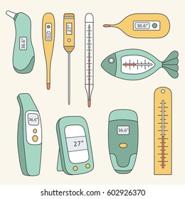 Types of thermometer, hand drawn collection. Set of colorful objects. illustration with measurement methods, measuring instruments. Decorative elements