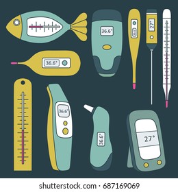 Types of thermometer, hand drawn collection. Set of colorful objects. Illustration with measurement methods, measuring instruments. Decorative elements