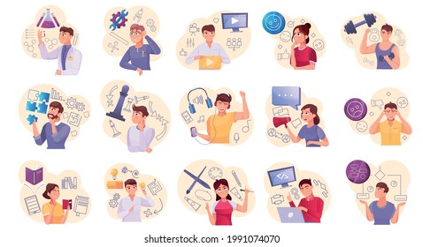 Types of thinking and mental mindset set flat vector illustration