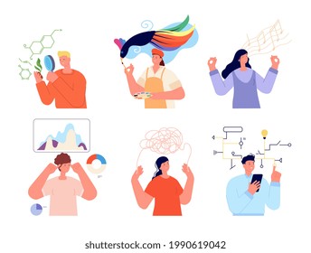 Types of thinking person. Different behavior, human personality emotions. Brain thinking, people solve idea. Creative mind utter vector characters