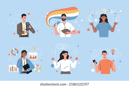 Types of thinking person. Stickers for social networks, collection of graphic elements for website. Logic, abstractness, emotions, statistics and creative persons. Cartoon flat vector illustration