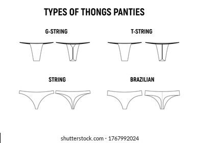 Types Of Women's Panties. Front And Behind View. Set Of Underwear