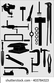 Types of tools for the locksmith, carpenter, with a white outline, on a gray background.