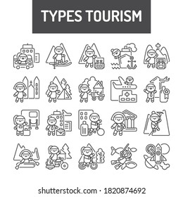 Tipos de línea de turismo conjunto negro. Personajes agradables en pictogramas kawaii de viaje. Señales para página web, aplicación móvil, botón, logotipo. Elemento aislado del vector. Trazo editable