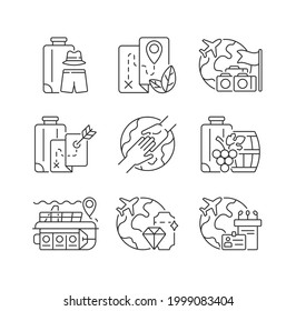 Tipos de iconos lineales de turismo establecidos. Viaje internacional para actividades de ocio y entretenimiento. Industria de viajes. Símbolos de contorno de línea delgada personalizables. Ilustraciones aisladas del contorno vectorial. Trazo editable