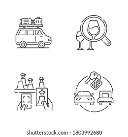 Types Of Tourism Pixel Perfect Linear Icons Set. Roadtrip, Wine Tasting, Atomic Tourism And Package Tours Customizable Thin Line Contour Symbols. Isolated Vector Outline Illustrations. Editable Stroke