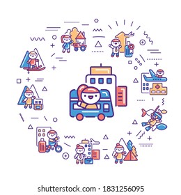 Types tourism web banner. Infographics with linear icons on white background. Creative idea concept. Isolated outline color illustration.