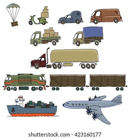 Types of transport delivery, delivery ways and logistics in business and industry with scooter, bus, trucks, airplane, railway, seaway cargo ship and other.