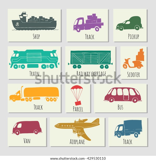 Types of transport delivery, delivery\
ways and logistics in business and industry with scooter, bus,\
trucks, airplane, railway, seaway cargo ship and\
other.