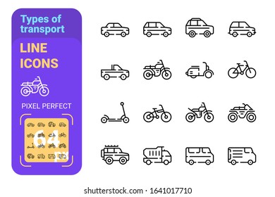 Types of transport line icons set vector illustration. Scooter and motor bicycle speed bike and chopper motorcycle flat style. Vehicle concept. Isolated on white